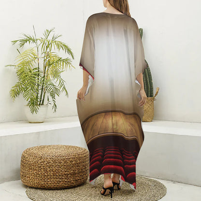 Theater Stage Print Silk V-Neck Kaftan Dress