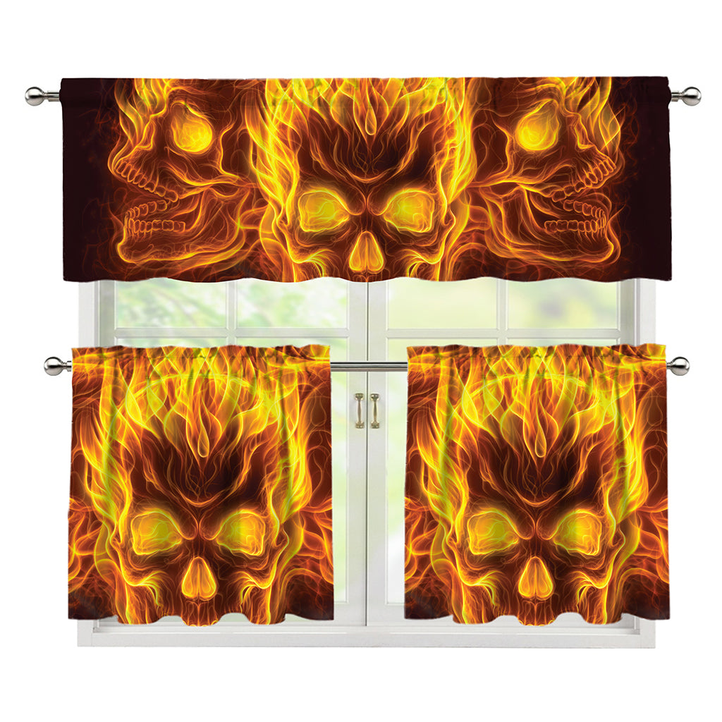 Three Flaming Skull Print 3 Piece Kitchen Curtains