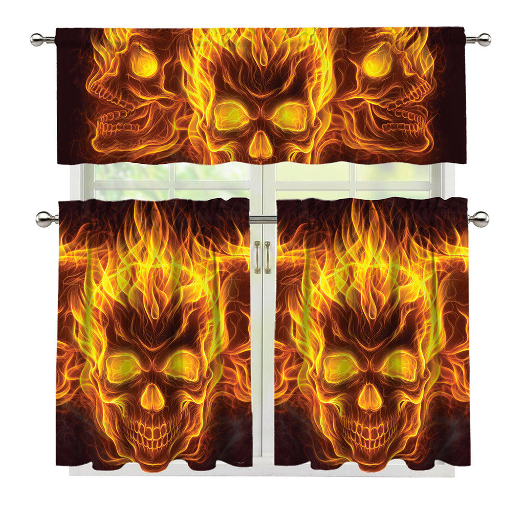 Three Flaming Skull Print 3 Piece Kitchen Curtains