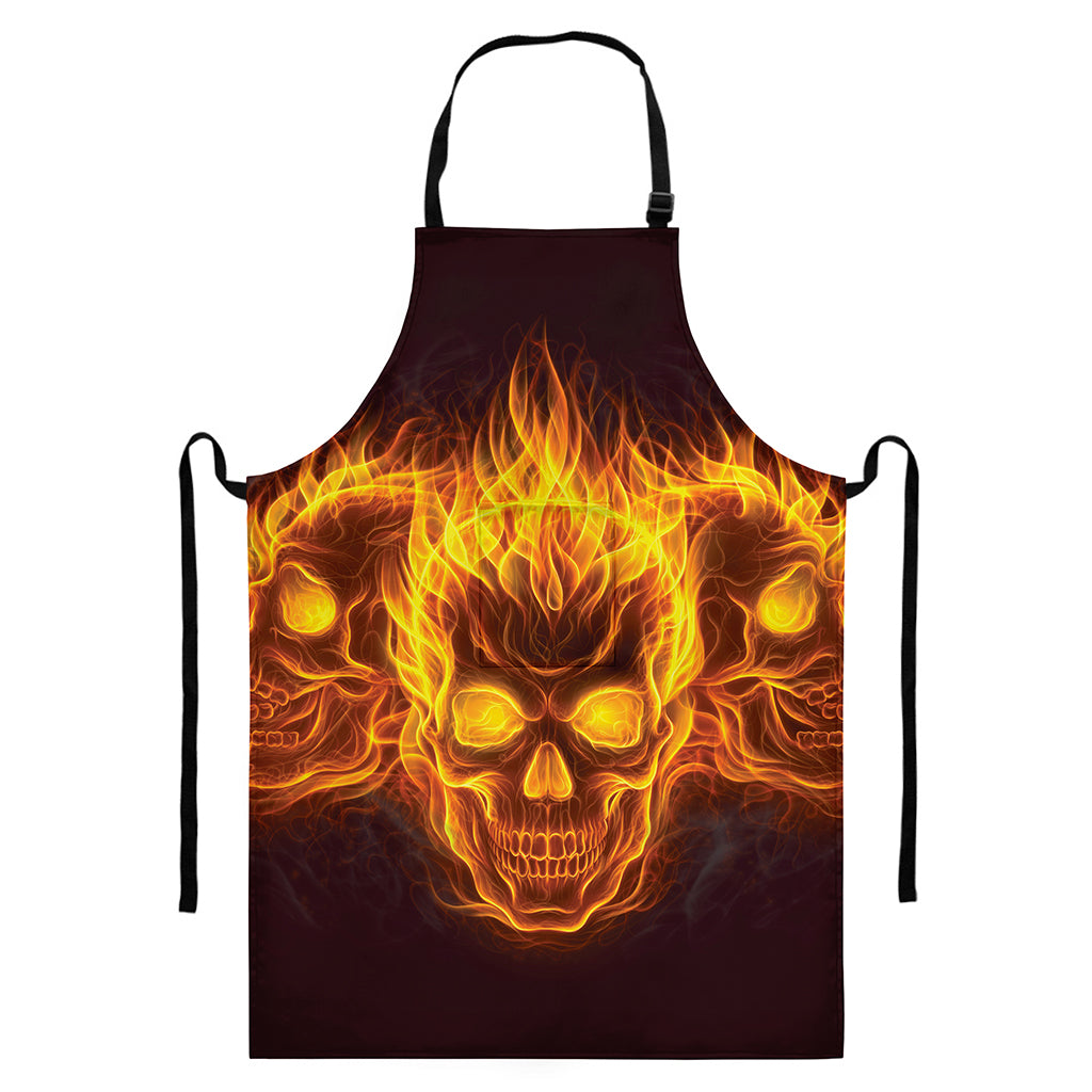 Three Flaming Skull Print Bib Apron With Pocket