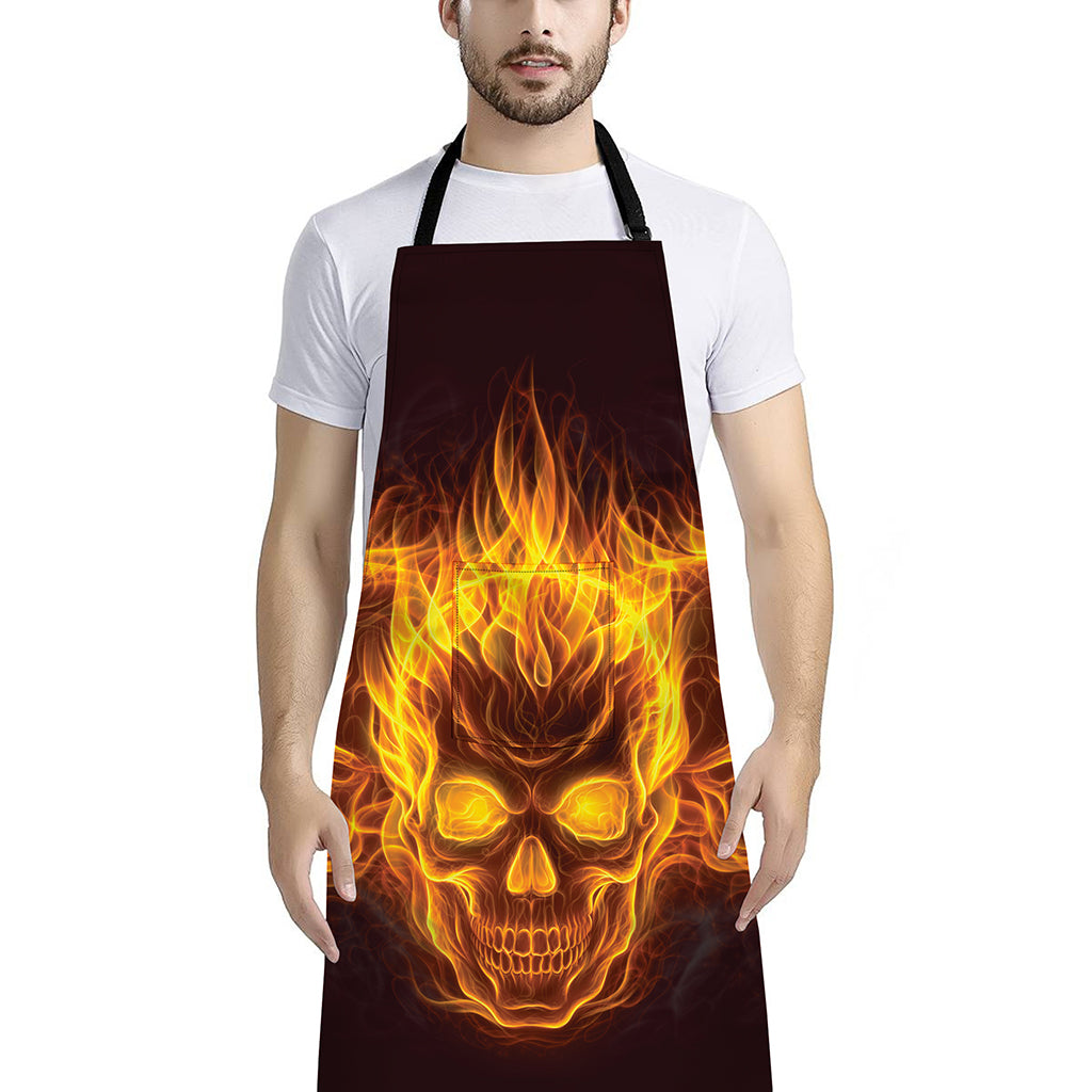 Three Flaming Skull Print Bib Apron With Pocket