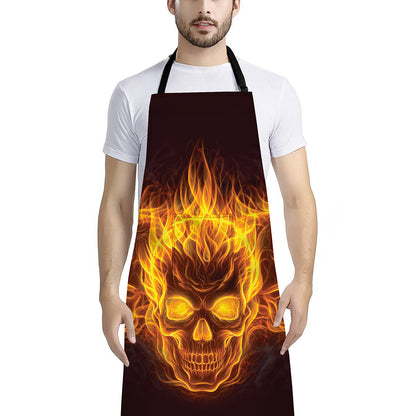 Three Flaming Skull Print Bib Apron With Pocket