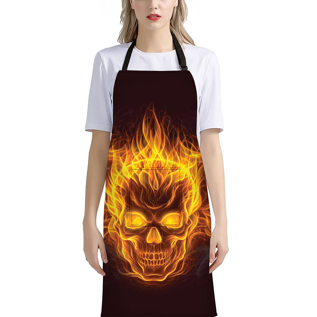 Three Flaming Skull Print Bib Apron With Pocket