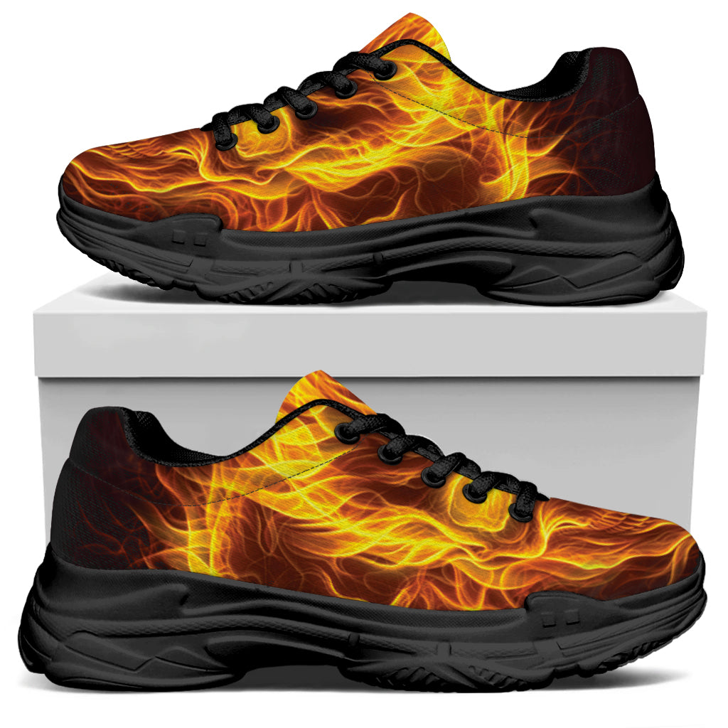 Three Flaming Skull Print Black Chunky Shoes