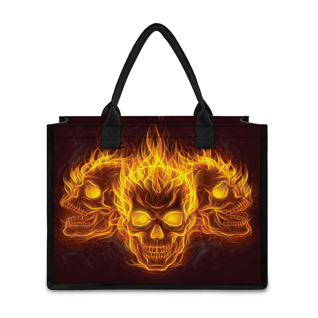 Three Flaming Skull Print Canvas Tote Bag