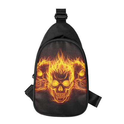 Three Flaming Skull Print Chest Bag