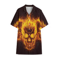 Three Flaming Skull Print Cotton Hawaiian Shirt