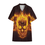 Three Flaming Skull Print Cotton Hawaiian Shirt