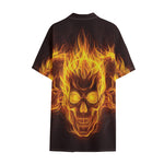 Three Flaming Skull Print Cotton Hawaiian Shirt