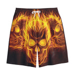 Three Flaming Skull Print Cotton Shorts