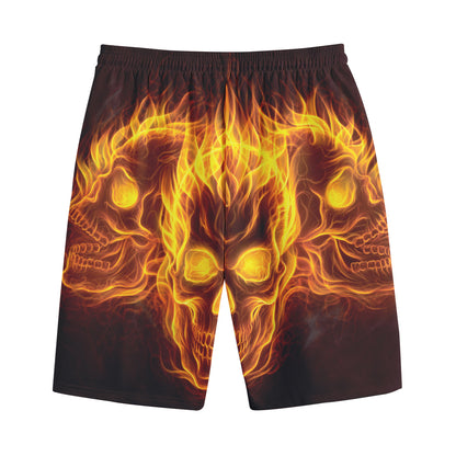 Three Flaming Skull Print Cotton Shorts