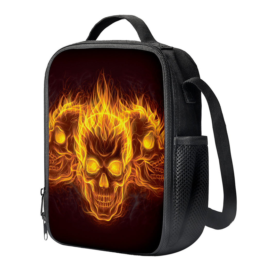 Three Flaming Skull Print Crossbody Lunch Bag
