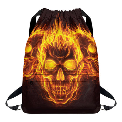 Three Flaming Skull Print Drawstring Backpack