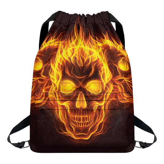 Three Flaming Skull Print Drawstring Backpack