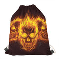 Three Flaming Skull Print Drawstring Bag