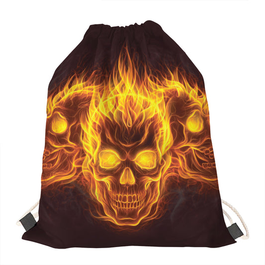 Three Flaming Skull Print Drawstring Bag