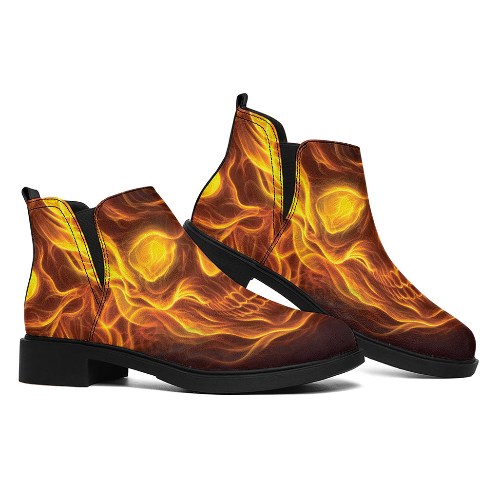 Three Flaming Skull Print Flat Ankle Boots