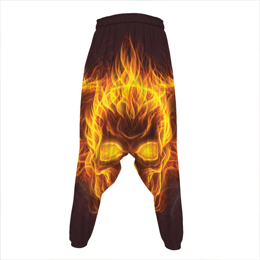 Three Flaming Skull Print Hammer Pants