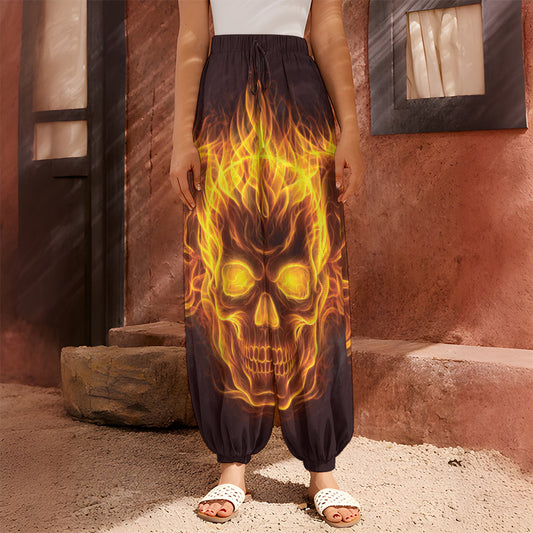 Three Flaming Skull Print Harem Pants