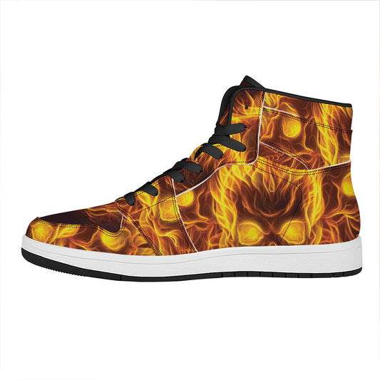 Three Flaming Skull Print High Top Leather Sneakers
