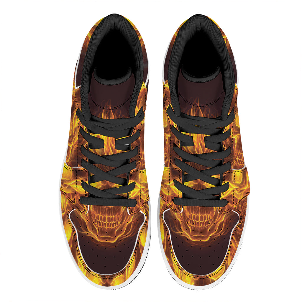 Three Flaming Skull Print High Top Leather Sneakers