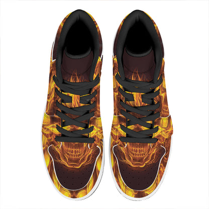 Three Flaming Skull Print High Top Leather Sneakers