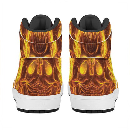 Three Flaming Skull Print High Top Leather Sneakers