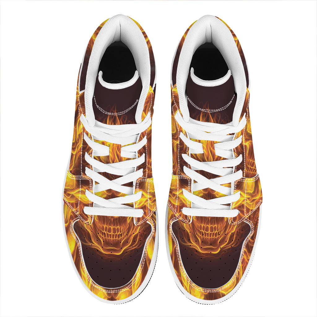 Three Flaming Skull Print High Top Leather Sneakers