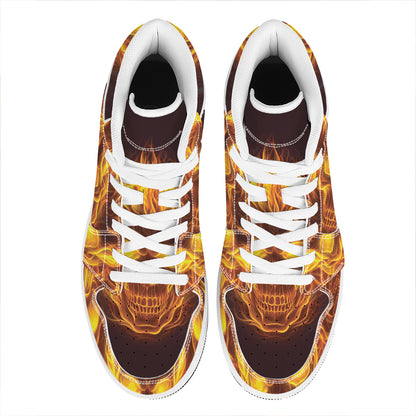 Three Flaming Skull Print High Top Leather Sneakers