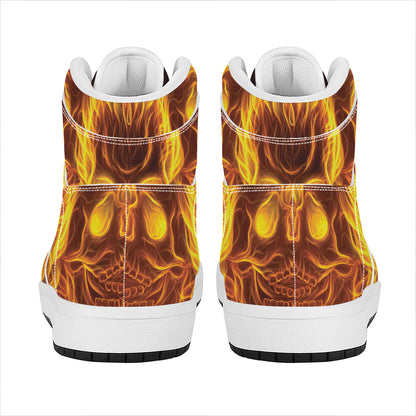 Three Flaming Skull Print High Top Leather Sneakers