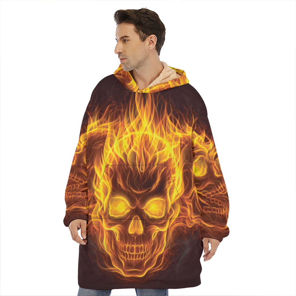 Three Flaming Skull Print Hoodie Blanket