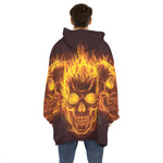 Three Flaming Skull Print Hoodie Blanket