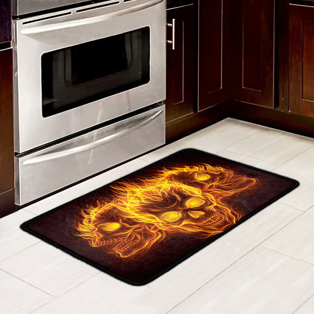 Three Flaming Skull Print Kitchen Mat