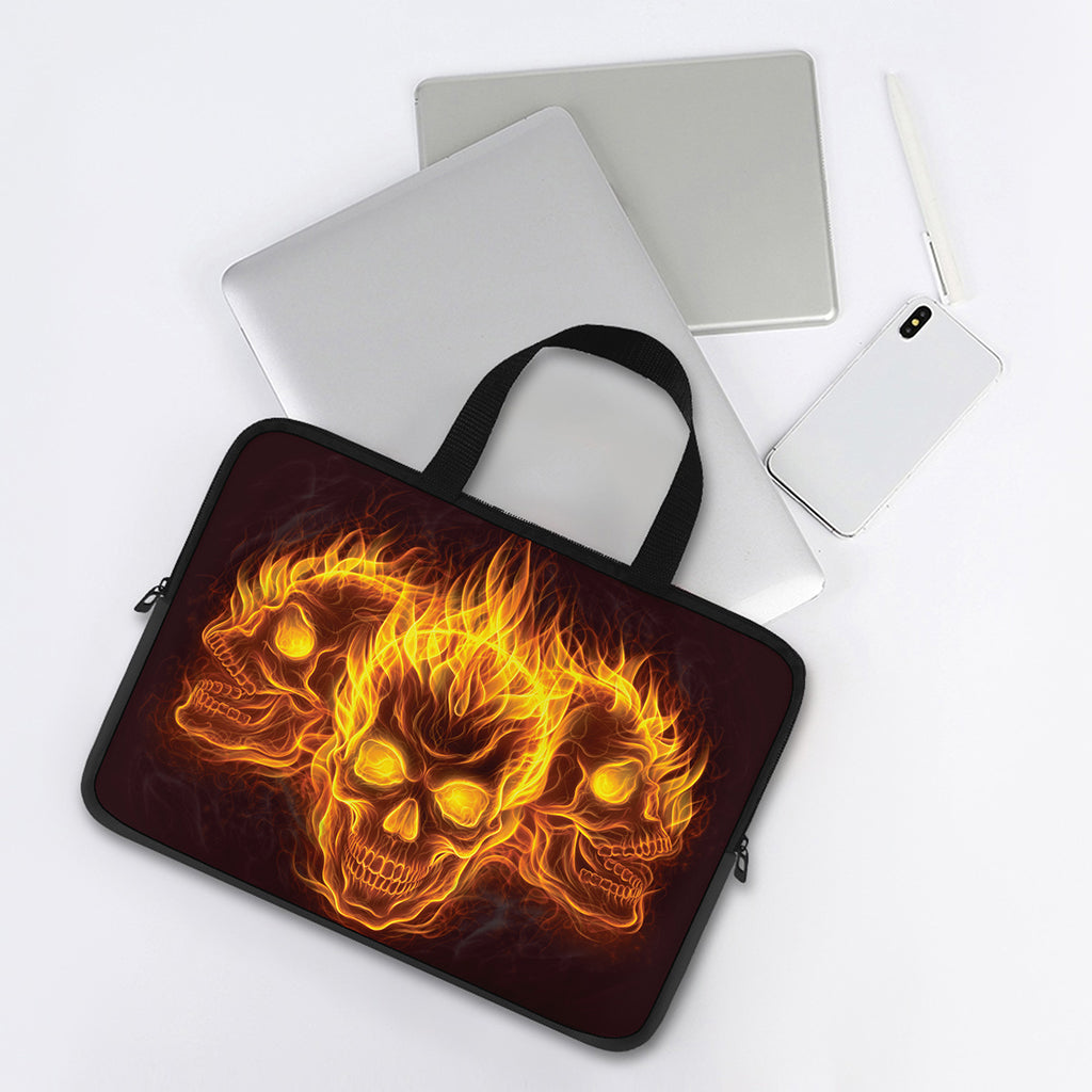 Three Flaming Skull Print Laptop Sleeve With Handle