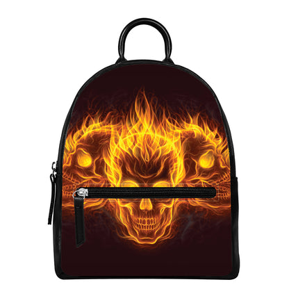 Three Flaming Skull Print Leather Backpack