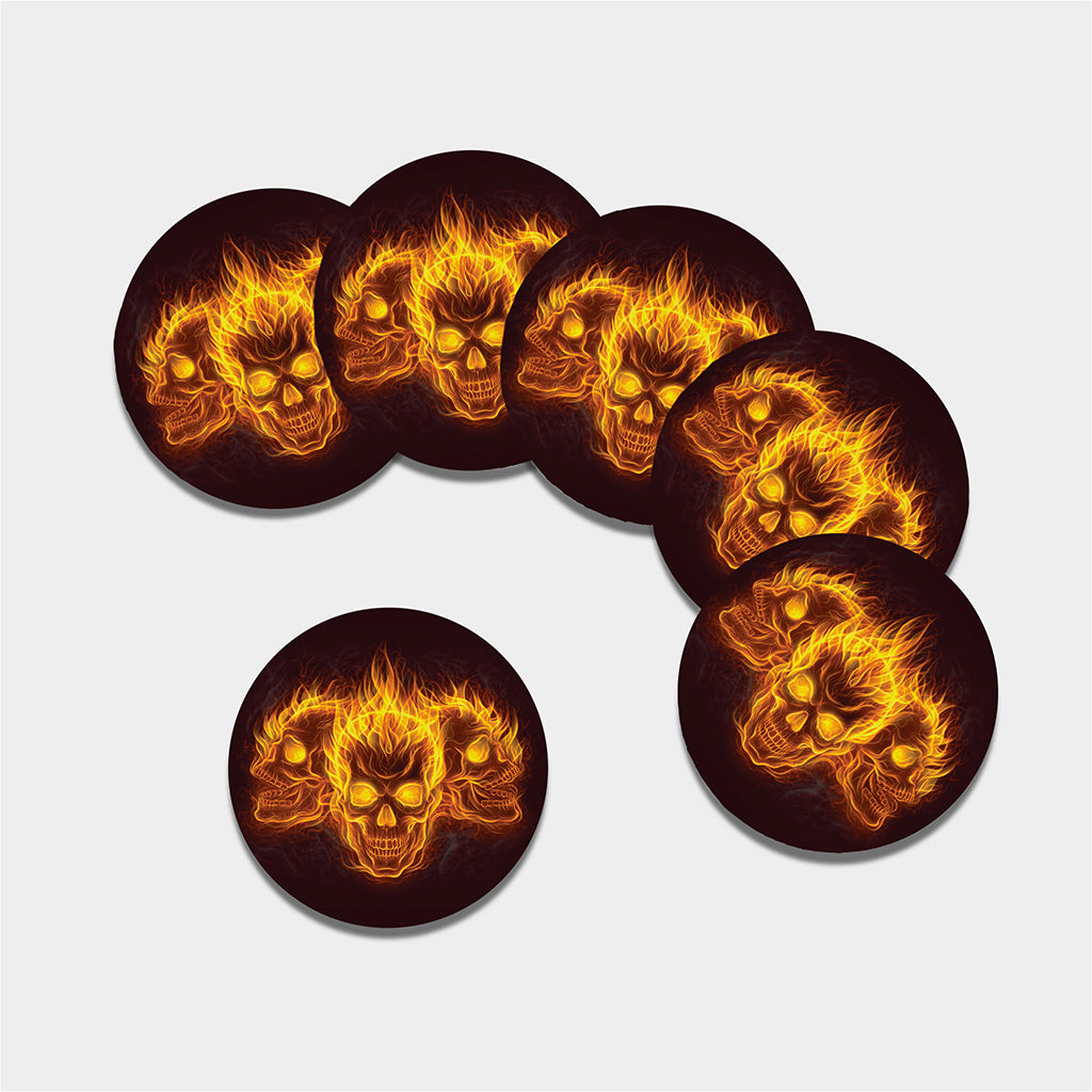 Three Flaming Skull Print Leather Coaster Set