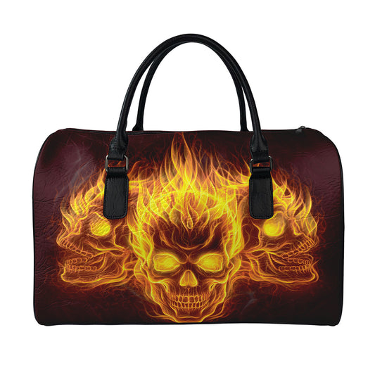 Three Flaming Skull Print Leather Duffle Bag