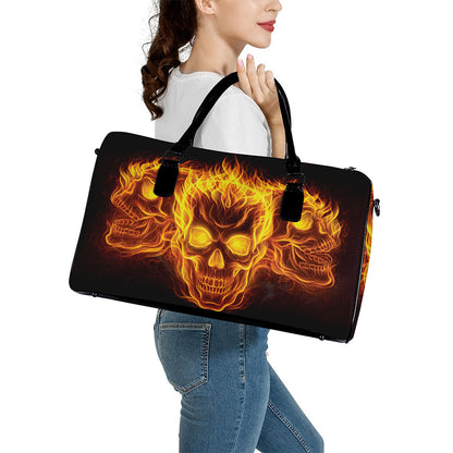 Three Flaming Skull Print Leather Duffle Bag