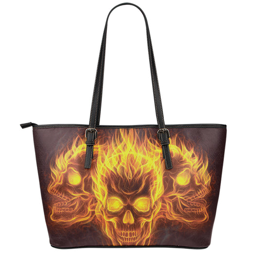 Three Flaming Skull Print Leather Tote Bag