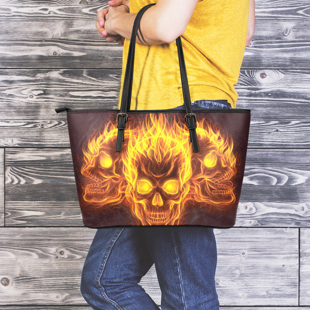 Three Flaming Skull Print Leather Tote Bag