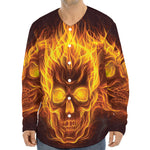 Three Flaming Skull Print Long Sleeve Baseball Jersey