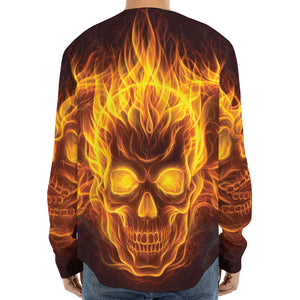 Three Flaming Skull Print Long Sleeve Baseball Jersey