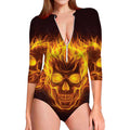 Three Flaming Skull Print Long Sleeve Swimsuit