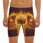 Three Flaming Skull Print Men's Long Boxer Briefs