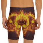 Three Flaming Skull Print Men's Long Boxer Briefs