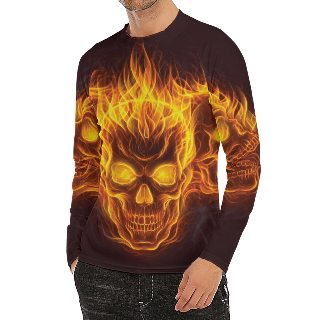 Three Flaming Skull Print Men's Long Sleeve Rash Guard