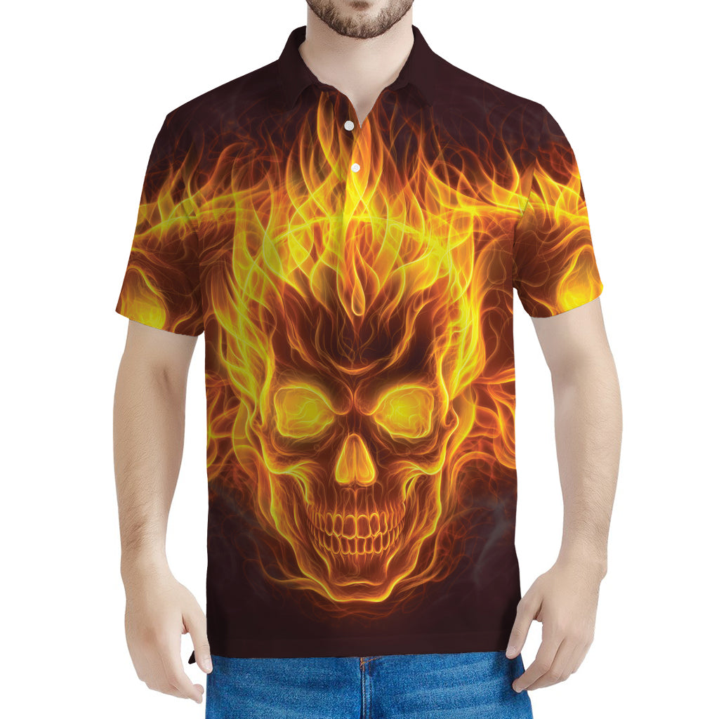 Three Flaming Skull Print Men's Polo Shirt