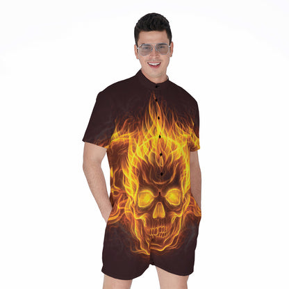 Three Flaming Skull Print Men's Rompers