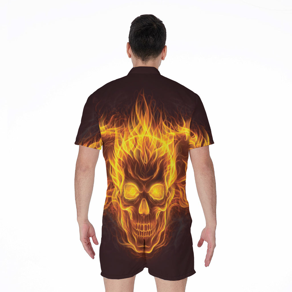 Three Flaming Skull Print Men's Rompers