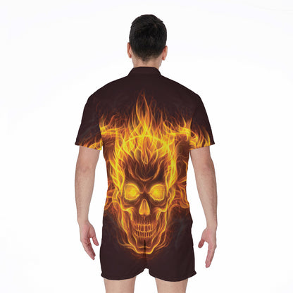 Three Flaming Skull Print Men's Rompers